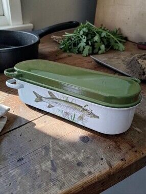 Vintage French Enamel Fish Baking Dish with Lid & Rack Fish Asparagus Steamer
